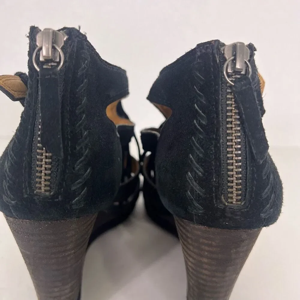 Trask‎ Black Leather Suede Fringe High Heel Wedges